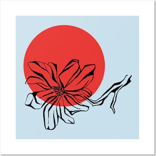 Magnolia flower on red circle Posters and Art